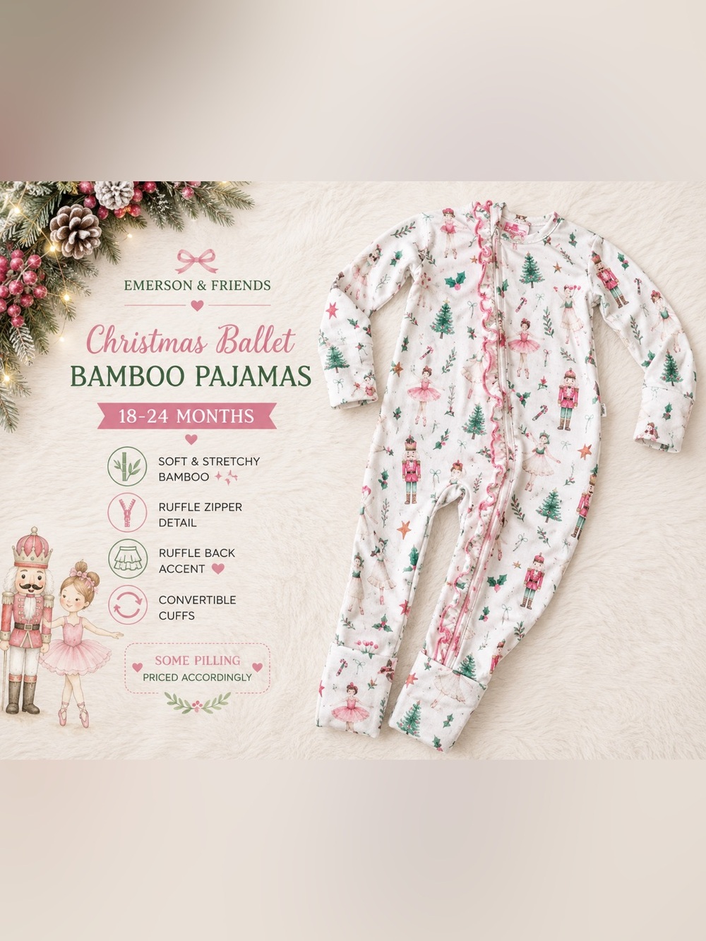 Christmas Ballet Bamboo Ruffle Convertible Pajamas | 18-24 Months